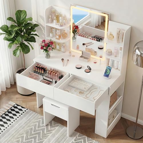 Image of Furmax Vanity Desk with Mirror and LED Lights, White with Bench