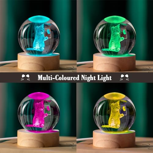 Image of IFOLAINA 3D Cat Crystal Ball Ideas Gifts for Girlfriend Wife Mom Her | Cat Lovers Presents for Women Friends Couple Birthday Holidays Decorative Crystal Sphere Decor Lamp
