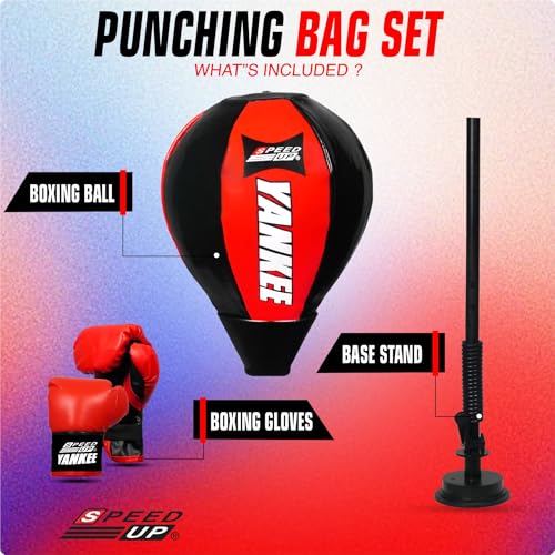 Image of SPEED UP Yankee Boxing Kit /Punch Stand Set for Kids & Adults (5+ Years Age) with Boxing Speed Ball, Punching Gloves & Pump, Adjustable Standing Boxing Kit for Practice & Traning