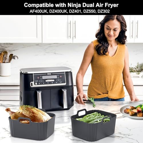 Image of 10QT Large Thickened Silicone Air Fryer Liners 2 Pack for Ninja Foodi Dual Zone DZ550 DZ401 DZ550GY DZ302, Reusable 2-Basket Trays, 6-in-1 DualZone Airfyer Accessories
