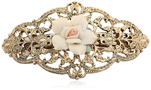 1928 Jewelry Gold-Tone Ivory Porcelain Rose Hair Barrette #TOP23