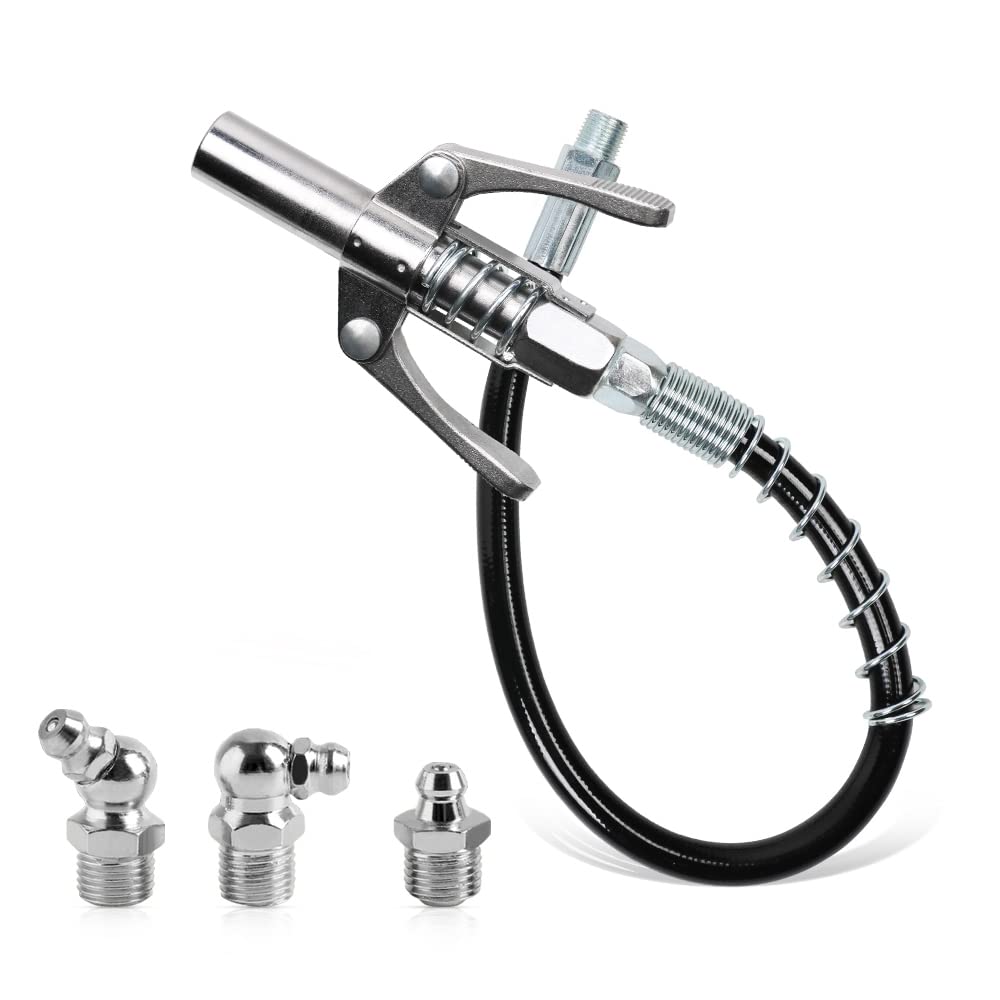 Grease Gun Mouthpiece, Quick Locking Release of Grease Gun Coupling with 30 cm Flex Hose and 3 Pieces M10 Grease , Grease Coupler for Grease Guns