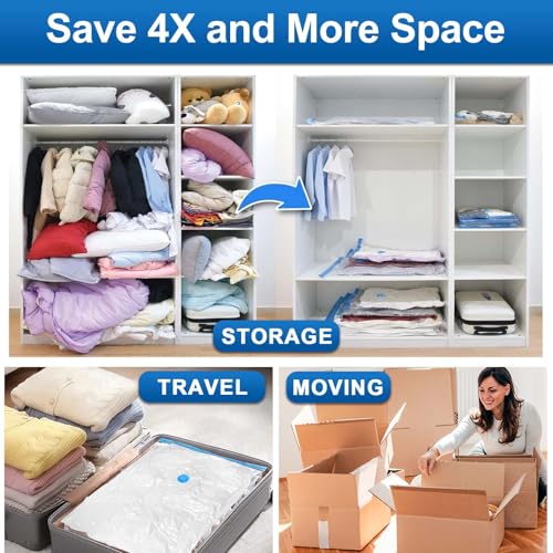 Image of ZXA Vacuum Storage Bags with Electric Air Pump, 8 Pack (4 Large, 4 Jumbo) Vacuum Seal Bags for Clothing, Space Saver Vacuum Storage Bags for Blanket, Duvets, Pillows, Comforters - Blue