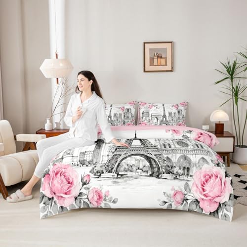 Image of 7 Pcs Eiffel Tower Bedding Sets Queen Sketch French Architecture Decor Comforter Set Pink Rose Butterfly Romantic Style All Season Comforter Flat Sheet Fitted Sheet 2 Pillowcases 2 Throw Pillow Covers