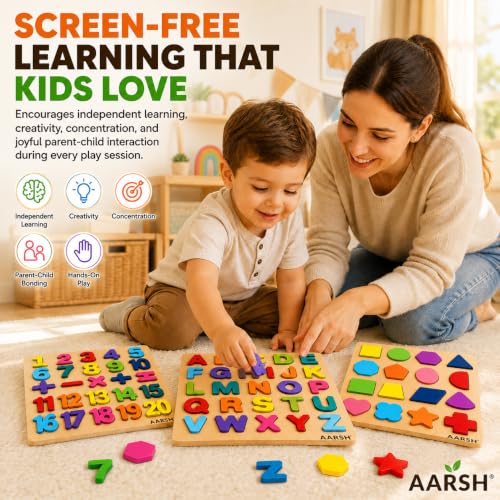 Image of 3 in 1 Wooden Educational Puzzle Board Toddler | ABCD Alphabet Number Shape Learning Toy | Kids 1-3 Years Montessori Skill Builder | Early Education Gift | Toddler Learning Activity | Multicolor