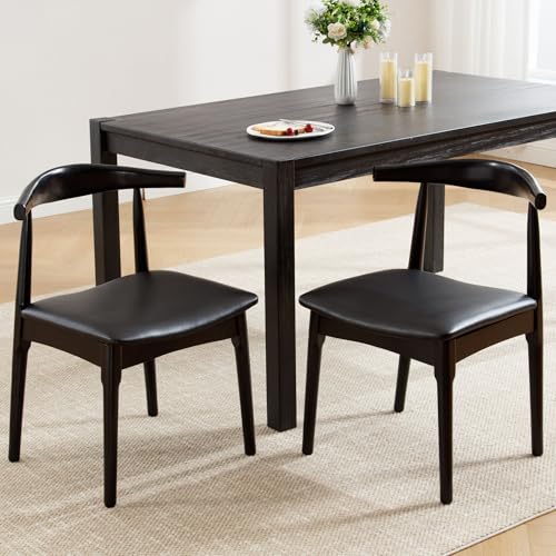 Wood Dining Chairs Set of 4, Faux Leather Dining Chairs with Open Curved Back, Mid Century Modern Dining Room Chairs Farmhouse Kitchen Chairs for Dining Room Restaurant -Black Wood Finish