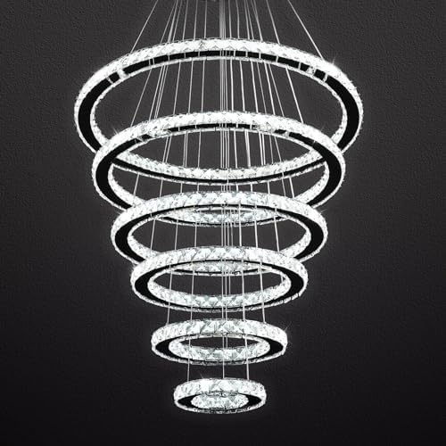 Siljoy Modern Crystal Chandelier Lighting, 6 Ring Chandelier LED Ceiling Lights Fixtures with 3-Color, High Ceiling Foyer Chandeliers for Living Room Dining Room Staircase, D8-12-16-20-24"-28"