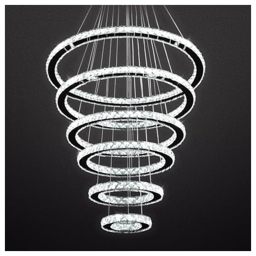 Siljoy Modern Crystal Chandelier Lighting, 6 Ring Chandelier LED Ceiling Lights Fixtures with 3-Color, High Ceiling Foyer Chandelier for Living Room Dining Room Staircase, D8-12-16"-20"-24"-28"