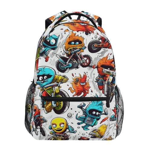Motorcycle Monster School Backpack Bookbag for Boys Girls Elementary School Casual Travel Bag Computer Laptop Daypack