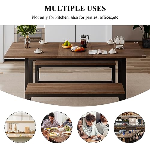 Ipormis 3-Piece Large Dining Table Set For 4-8 People, 63" Extendable Kitchen Table Set With 2 Benches, Dining Room Table With Metal Frame & Mdf Wood Board For Small Space, Easy Clean, Walnut #TOP6