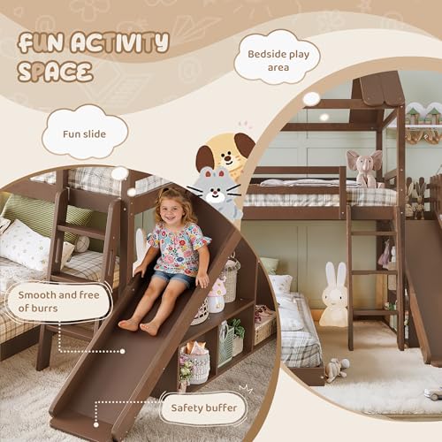 Image of Bellemave Twin Over Full House Bunk Bed with Slide and Storage Shelves for Kids,Solid Wood Floor Bunk Bed Frame with Wardrobe and Inclined Ladder for Girls Boys,Deep Natural