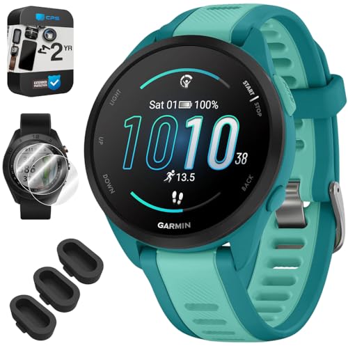 Garmin 010-02863-32 Forerunner 165 Music Smart Sport Watch, Turquoise + Aqua Bundle with Silicone Dust Cover 3 Pack, 2X 1.2 Inch Screen Protector and 2 YR CPS Enhanced Protection Pack