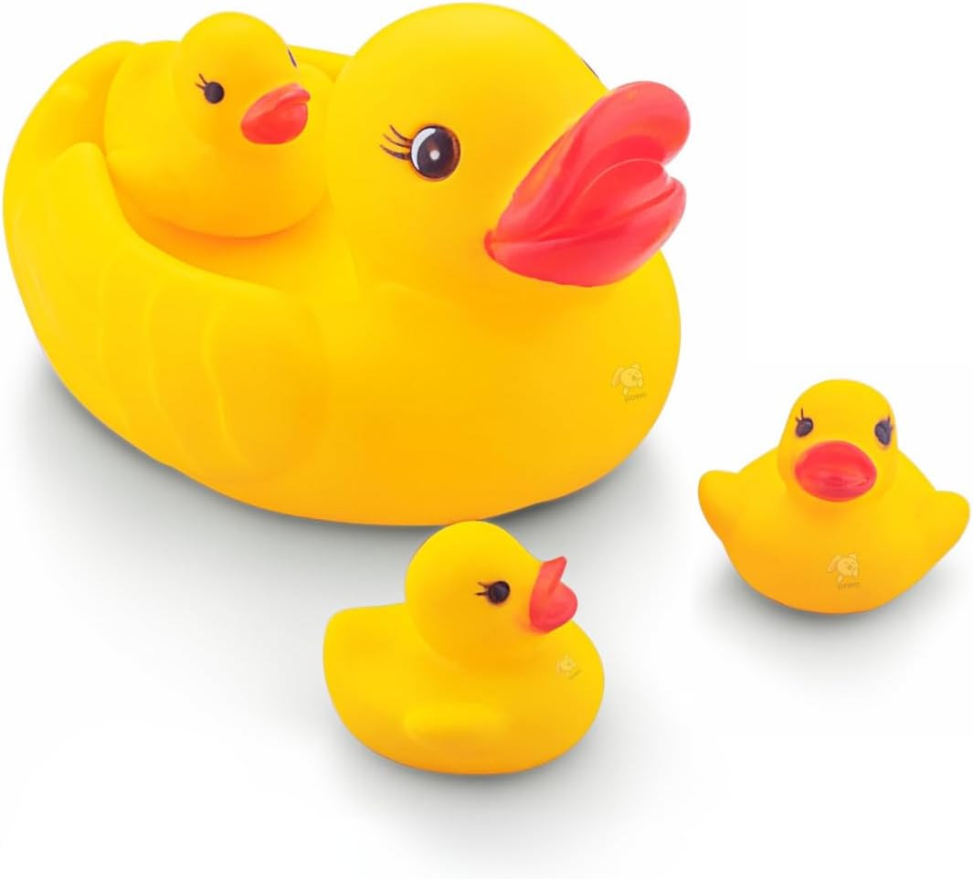 Storio Super Cute Duck Family Animals Swimming Water Toys Non-Toxic,BPA Free Colorful Soft Rubber Float Squeeze Sound Squeaky Bathing Toy for Baby Chu Chu Toy Set of 4 (1 Duck + 3 Ducklings)