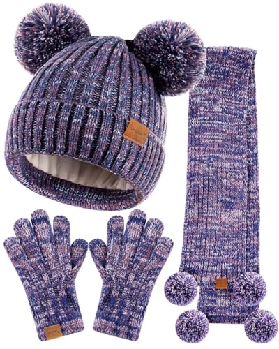 Kids Winter Hat Gloves Scarf Set, Girls Toddler Children Beanie with Pom Knit Neck Warmer Gaiter Mittens Fleece Lined Set（Purple Mix）