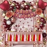 AFDBPXM Burgundy Balloons Birthday Decorations for Women Party,Happy Birthday Tissue Tassel Paper,Heart Foil Balloons,Banners and Party Curtains,Princess Girls Birthdays Wedding Party
