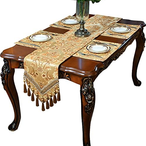 Luxury Velvet Gold Table Runner 72 Inches Long with Vintage Damas...