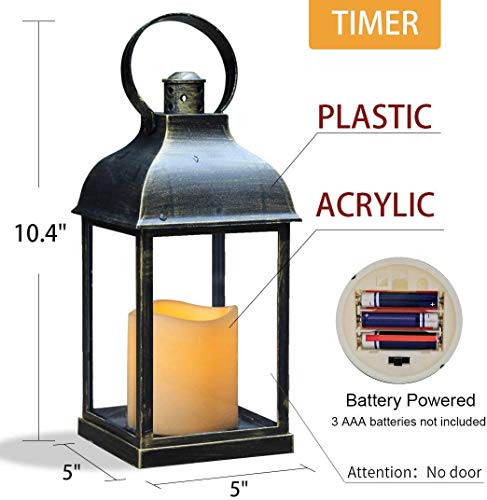 Lantern Decorative With Timer Function - 10" Led Decorative Lantern With Flickering Flameless Candles, Indoor Outdoor Hanging Lanterns, Vintage Lantern Centerpieces For Tables Home Wedding, Bronze #TOP1