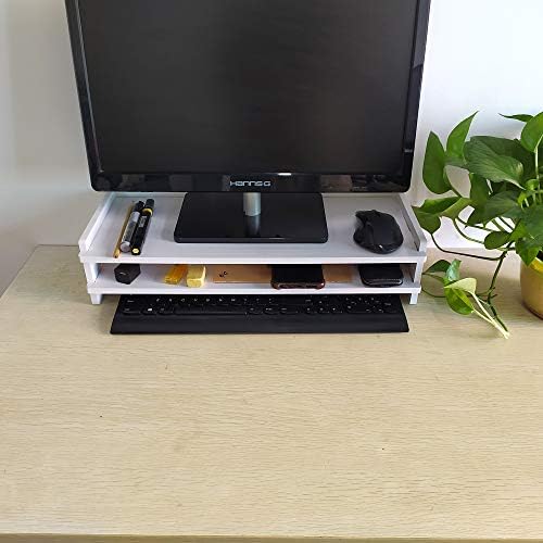 2 Tier Monitor Stand White Laptop PC Computer Screen Riser Desk Monitor Stand Desktop Organiser Shelving Desk Shelves with Keyboard Storage Screen Rack Notebook TV Organizer Shelf for Home Office