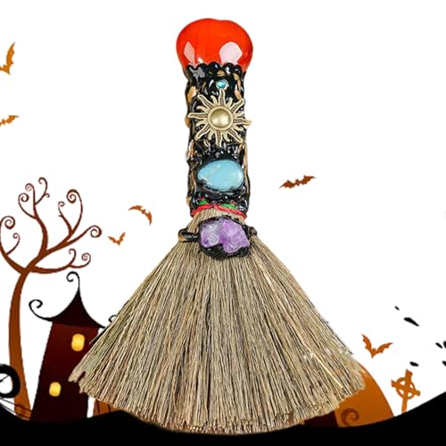 KUYYFDS Halloween Witch Broom Crystal Witch Wiccan Altar Broom Witch Broomstick with Heart-Shape Red Agate Halloween Witch Costume Decor for Healing Cleansing Fengshui