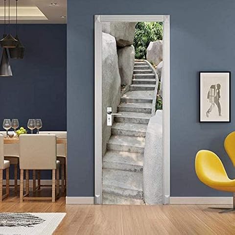 3D Grey Stone Stairs Door Stickers Cover