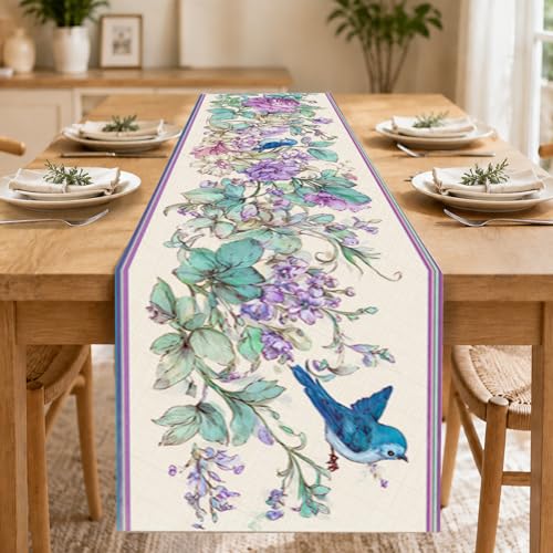 Image of Nuxovilar Blue Bird Floral Table Runner Flax 13x72 in | Holiday Runner Flax Placemats Dining Accessories Set Casual Meal Nature Event Room (Watercolor Blue Bird)