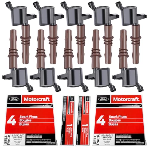 Image of MAS Set of 10 Performance Ignition Coils Pack & OEM Motorcraft Spark Plugs SP509 Compatible with Ford F250 F350 F450 F550 Super Duty F650 F750 F53 F59 6.8L V10 Replacement for 8L3Z-12029-A C1659 DG521