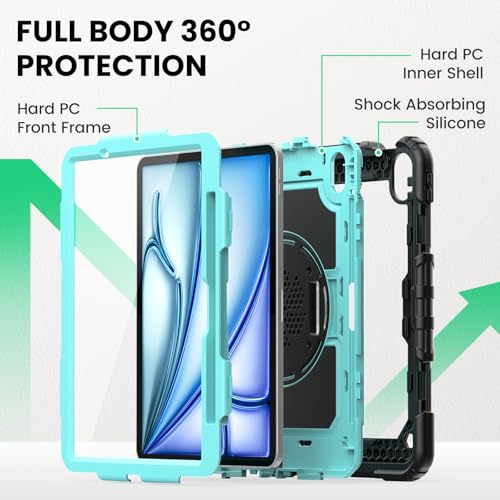 Image of SEYMAC Case for iPad Air 11 Inch M4 / M3 / M2 (2026 /2025 / 2024), Heavy Duty Shockproof Protective Case with Screen Protector, 360 Rotating Stand and Hand /Shoulder Strap, Light Blue