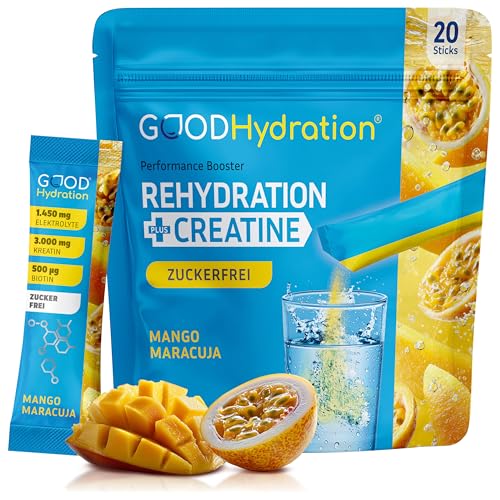 GOOD Hydration® Rehydration plus Kreatin MANGO MARACUJA - Weltneuheit: 1450mg Elektrolyte plus Creatine Monohydrate - OHNE ZUCKER - mit Biotin und 6 Vitaminen – Elektrolytpulver für Sport - 20 Sticks