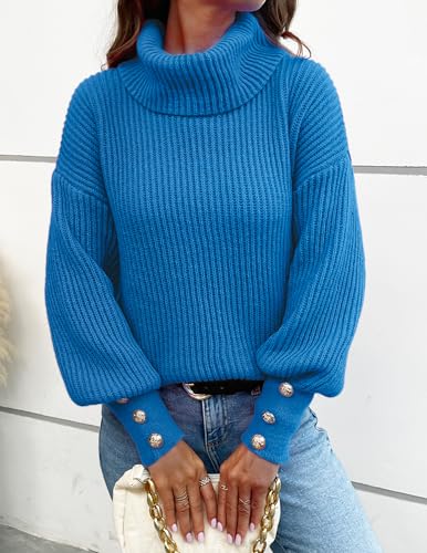 Image of Libsorge Women's Dressy Oversized Turtleneck Sweaters Fall 2024 Casual Winter Ribbed Knit Button Long Sleeve Pullover Sweater Blue S