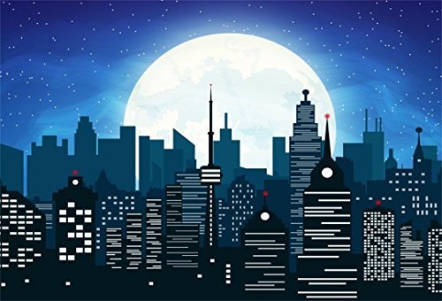 AOFOTO 6x4ft Cartoon Modern Super City Backdrop Moon Night Urban Buildings Manor Cityscape Photography Background Kid Boy Baby Portrait Cartoon Photo Shoot Studio Props Vinyl Wallpaper Drape