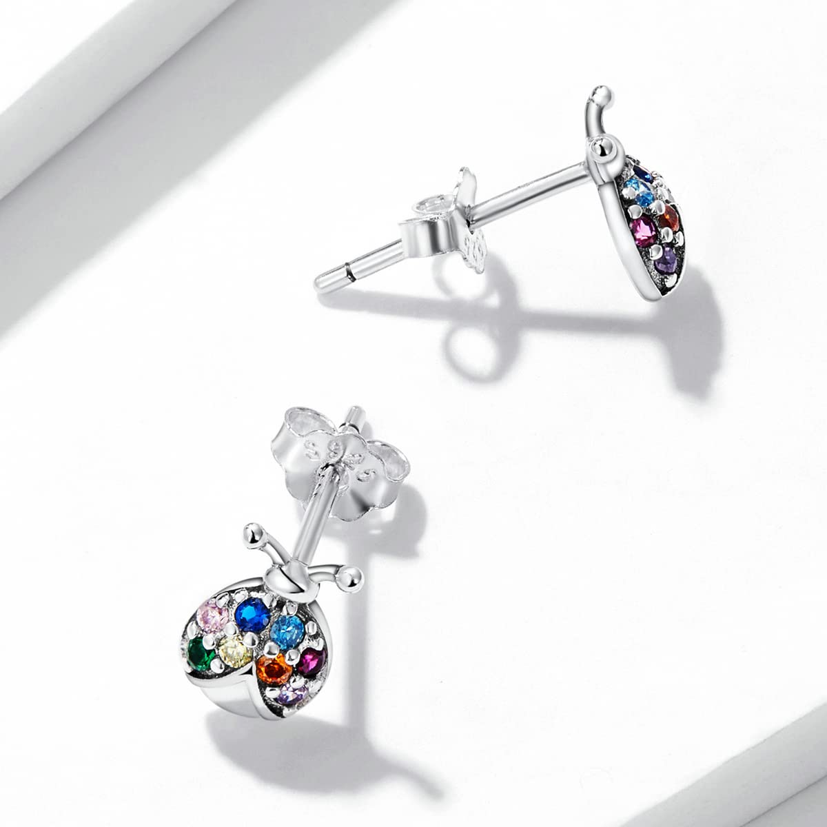 YDYDTTKD 925 Sterling Silber Tier Ohrringe Zirkon Bunte Biene Käfer Stud Frauen Mädchen Minimalistischen Niedlichen Schmuck