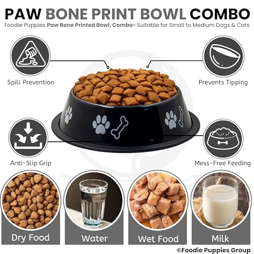 Image of Foodie Puppies Stainless Steel Dog Bowl Combo - (Medium, 700ml) Food and Water Feeding Gift Bowl | Suitable for Dogs, Cats and Other Pets I Paw Bone Print, Anti-Skid Rubber Base (Black + Purple)