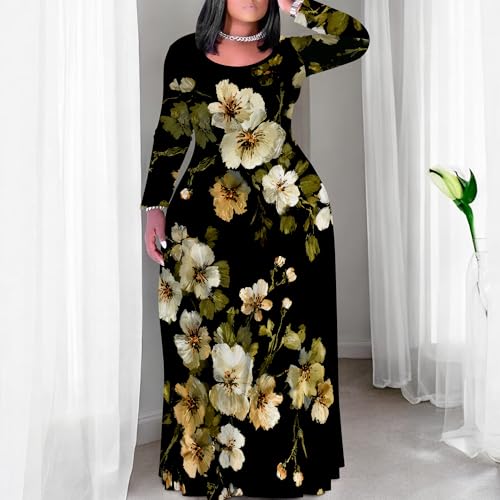 Image of PinkPatty Plus Size Maxi Dress for Curvy Women Crew Neck Long Sleeves Casual Dress Vacation Sundresses with Pockets