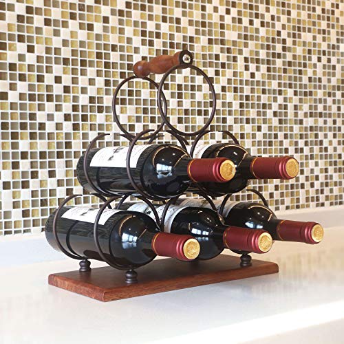 Countertop Wine Rack, Tabletop 6 Bottles Wood Wine Holder, Sturdy Handle, 3-Tier Rustic Classic Design, Simple Assembly, Wood & Metal (Copper) #TOP6