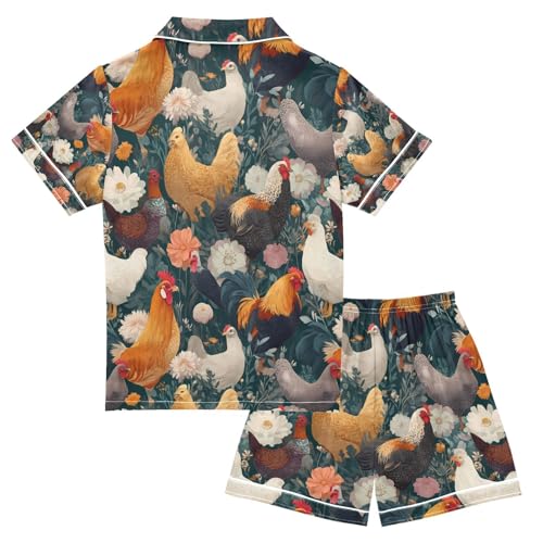 senya Rooster Hen Flowers Satin Summer Pajama Sets Silk Short Sleeve Button Down Sleepwear2
