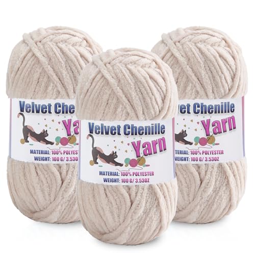 Image of 3 * 100g /3.5oz Fluffy Chenille Yarn for Crocheting, Chunky Velvet Yarn for Crochet Amigurumi, Used for Making Baby Yarns Blanket, Clothes, Pattern Knitting Creations (Milk White)