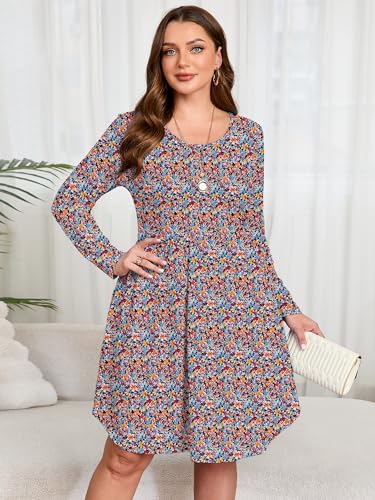 Image of AusLook Women's Plus Size Long Sleeve Midi Dress Casual Empire Waist Loose Flowy Dresses A-Line Boho Long Dress with Pockets