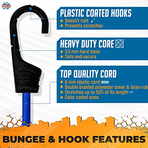 Vehiclex Bungee Cords & Cam Buckle Straps, 32 PCS Tie-Downs Assortment – Multiple Sizes and Uses – Mini Cords & Bungee Balls, Tarp Clips & A Handy Carrying Bag