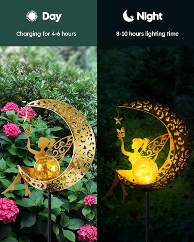 image for Vuees Solar Garden Statues Outdoor Decor, Fairy Moon Figurine Light St