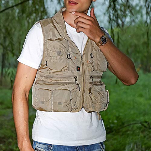 F Fityle Homens Multi Pocket Vest Colete Pesca - Cáqui XXL