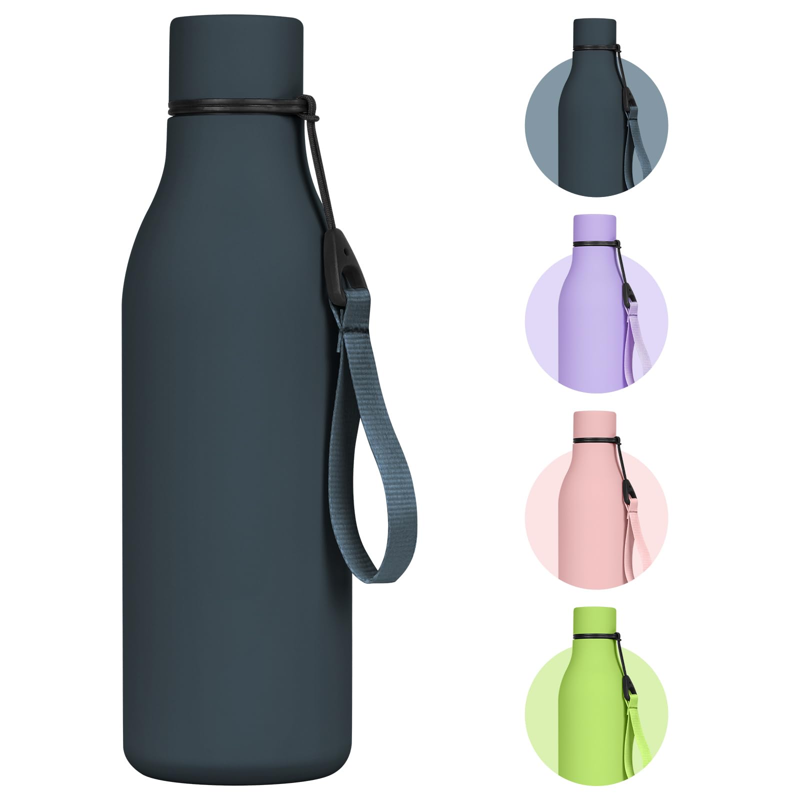 flintronic 550ml Water Bottles with Strap,Double Wall Vacuum Insulated Water Bottles Keeps Drinks Cold 24 Hrs/Hot 12 Hrs|Leak Proof|BPA Free,Stainless Steel Water Bottles for Gym,Hiking-Dark Blue