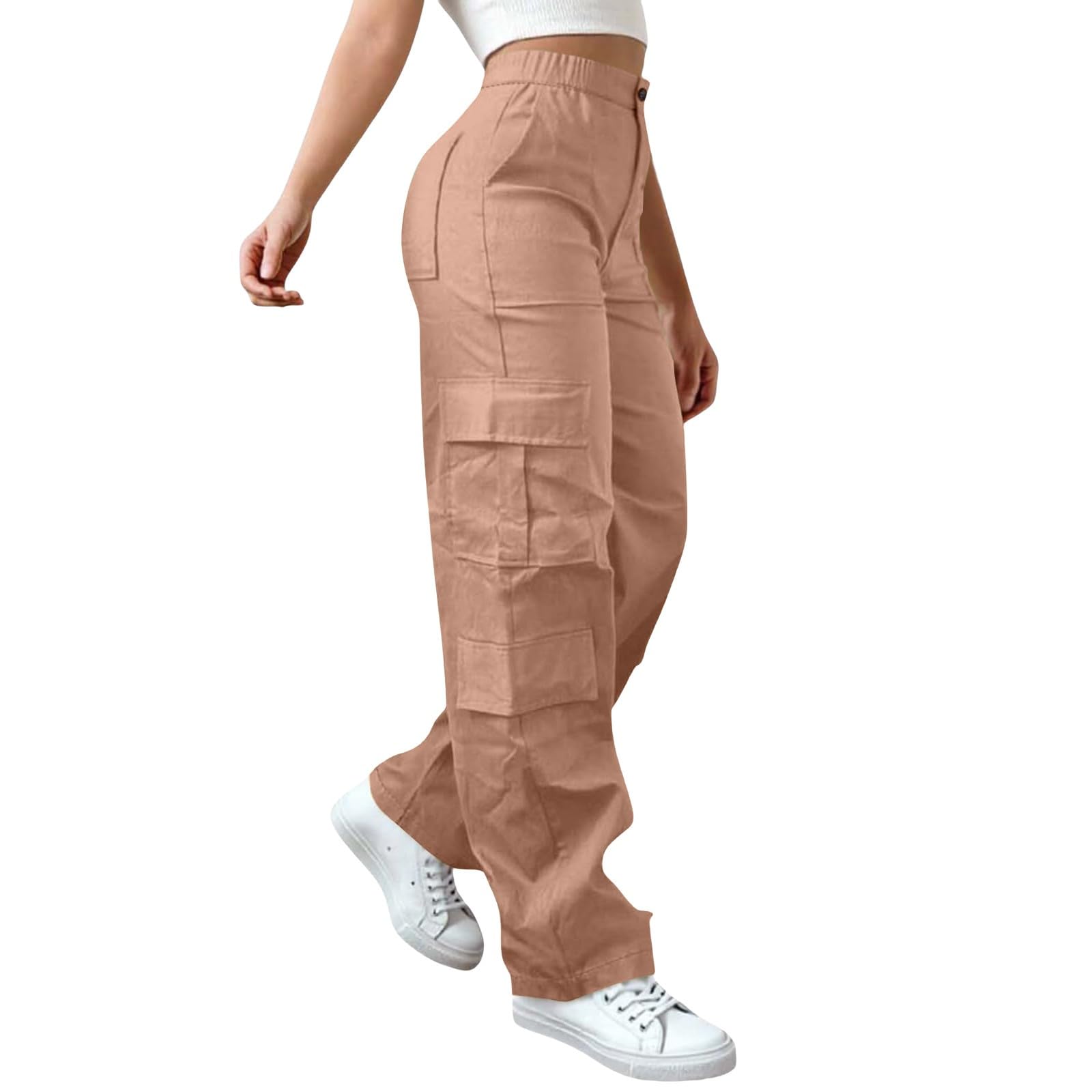 Damskie rozciągliwe spodnie cargo z szerokimi nogawkami bootcut 6 kieszeni użytkowych workowate elastyczne wysoki stan luźny krój rozkloszowane spodnie turystyczne spacery spodnie bojowe na co dzień