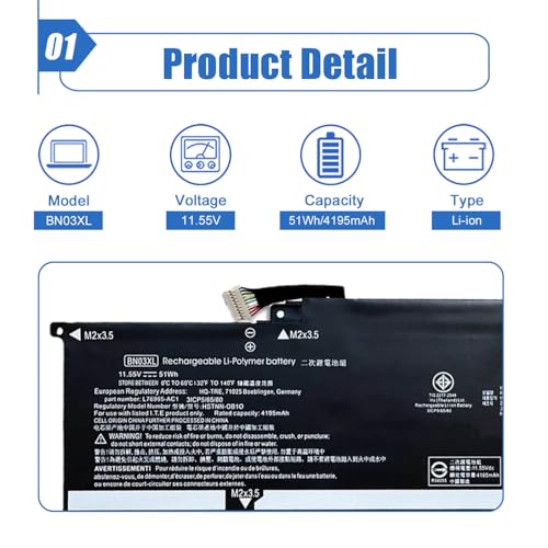 Image of BN03XL Laptop Battery Replacement for HP Envy x360 15-ED 15-EE 15-ES 15M-ED 15M-EE 15T-ED 15T-ES 13-AY 13-BA 13-BD Series | 11.55V 4195mAh 51Wh | Compatible with HSTNN-DB9N L79695-271 HSTNN-OB1O