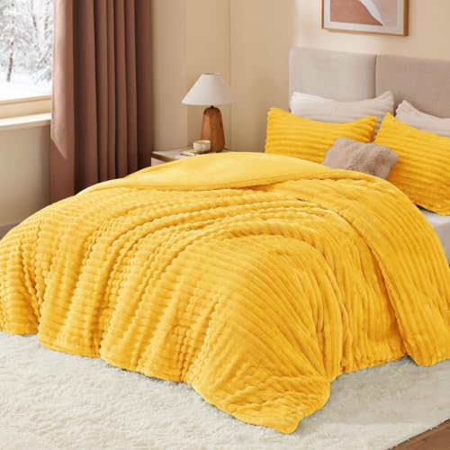 Image of BEDELITE Fleece Full Comforter Set, Fluffy Bed Set, Bright Yellow | Super Soft & Warm Bedding, Luxury Fuzzy Faux Fur Comforter for Winter, Heavy Plush Bedding, with 2 Pillowcases