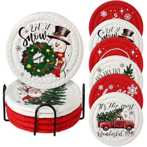 Leinuosen 6 Pcs Merry Christmas Coasters Handmade Braided Cotton Holiday Drink Mats Festive Plaid Snowflake Design Anti Slip Absorbent Cup Coasters for Gift Home Party Decor(Buffalo Plaid)