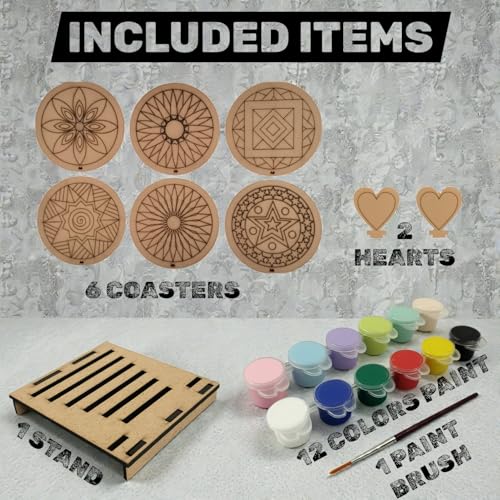 Image of BAGJI TOYS DIY Coaster Painting Kit for Kids & Adults - 6 Pre-Marked Wooden Tea Coasters with Stand, 12 Acrylic Colours & Brush - Mandala Art & Craft DIY Set - Beginner Friendly Painting Craft Kit, Birthday & Gift Activity (MandalaA6)