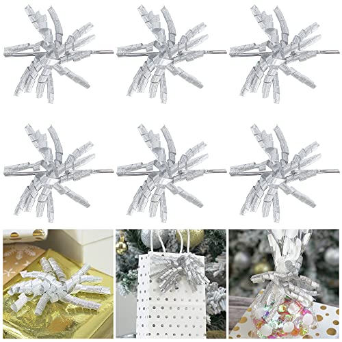 Aimudi Silver Christmas Bows For Gift Wrapping 4" Self Adhesive Silver Metallic Curly Bows Burst Bows Twist Tie Gift Bows For Gift Wrapping Treat Bags Gift Bags Christmas Baby Shower - 6 Counts #TOP18
