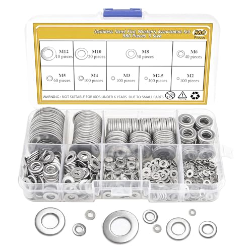 580Pcs 304 Stainless Steel Flat Washers Assortment Kit, 9 Sizes (M2 M2.5 M3 M4 M5 M6 M8 M10 M12) Metal Flat Washers for Screws Bolts, Locking & Sealing Washers for Home, Industrial, Plumbing