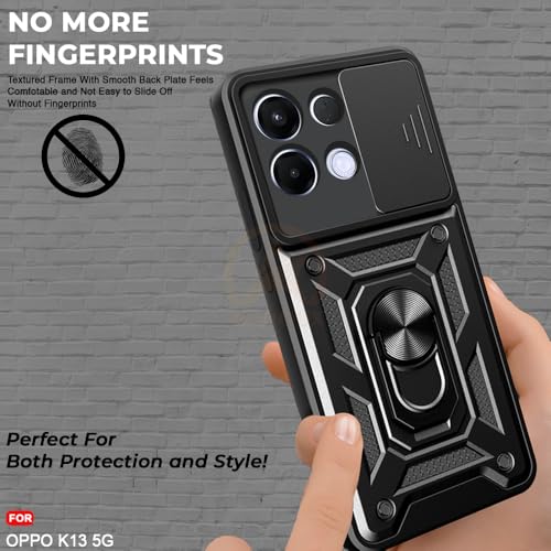 Image of Armor Bumper Back Cover Case for Oppo K13 5G Rotating Camera Cover, Ring Holder & Kickstand | Heavy Duty & 360 Degree Protection Oppo K13 5G Back Cover (Black)