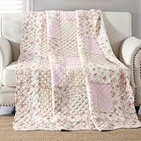 Qucover Single Bedspread Quilted Sofa Bed Throws Soft 100% Cotton Pink Floral Patchwork Quilt 127x152 cm Decorative Sofa Bedspreads Couch Coverlet